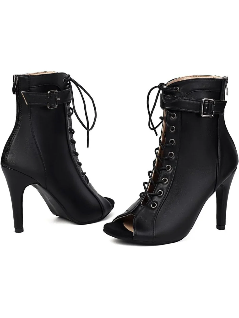 Womens Black Buckle Lace Up Mesh Sandal Peep Toe High Heel Ankle Boots